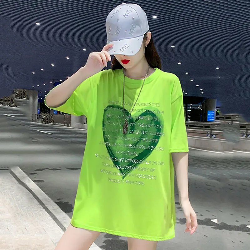 fluorescent green Fashion Women\'s T-shirt For Summer Short Sleeve Pulovers Loose Casual hot drill Cotton Tops T Shirt 4XL 150KG