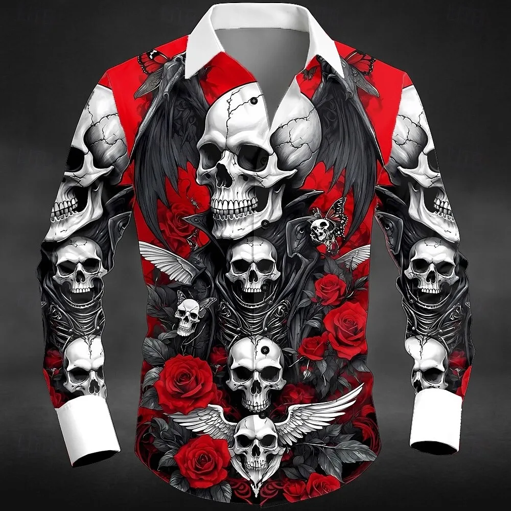 Men Fashion Button‑Up Shirt Gothic Skull Rose Print Long Sleeve Turn‑down Collar Casual Top Wear
