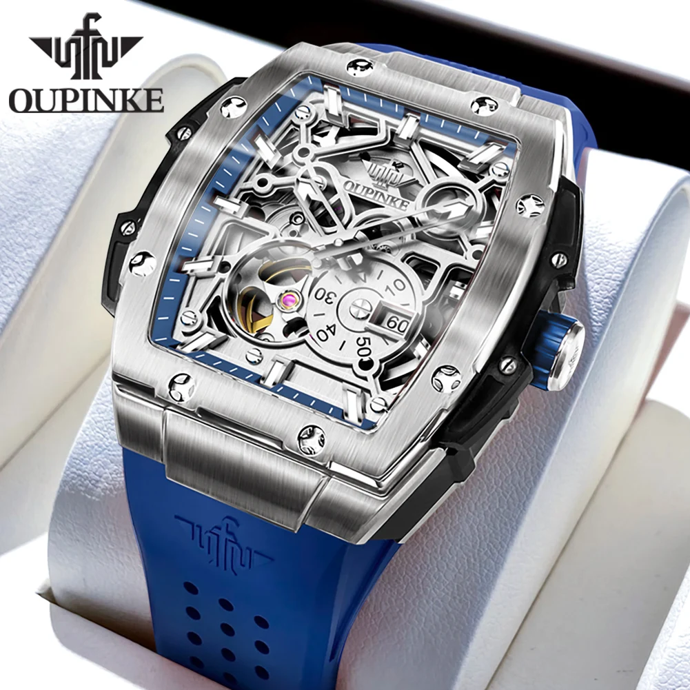 OUPINKE 3213 Mens Watch Skeleton Automatic Mechanical Watch 50M Waterproof Silicone Strap Sports Watch Sapphire Lens Gift Box