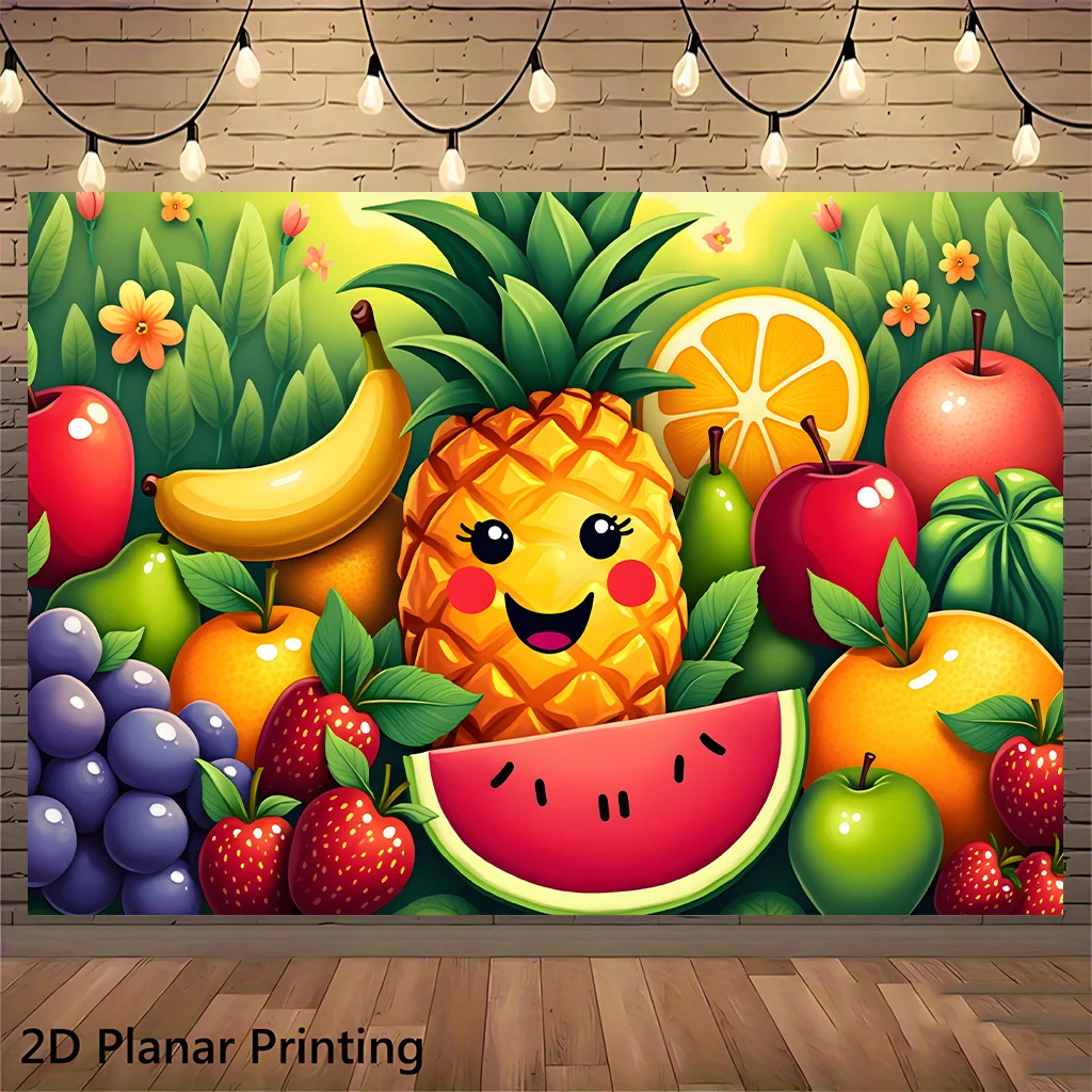 Cute Cartoon Pineapple Strawberry Mixed Fruits Jungle 2D Flat Tapestry Backdrop For Kitchen Decor Summer Fruit Wall Hanging Art
