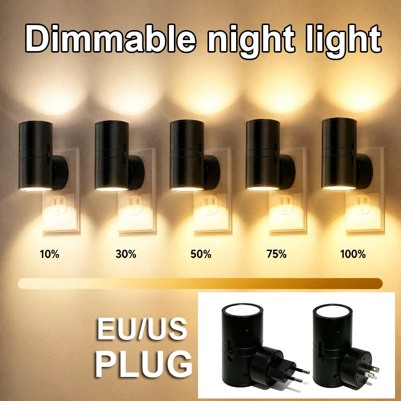 Dimmable Night Light Plug Into Wall US/EU Plug Night Lamp with Light Sensor Auto On/Off From Dusk To Dawn for Bedroom Hallway