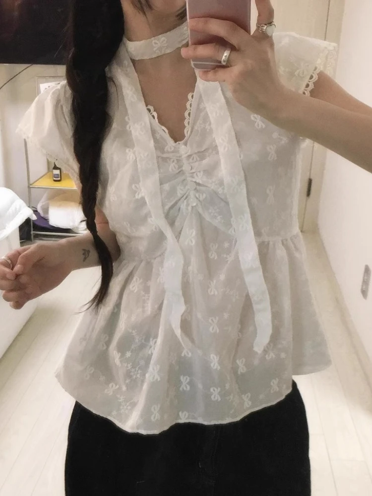 

Korobov Korean Chic Summer Pullover V Neck Shirring Short Sleeve Patchwork Embroidery Solid Loose Women Shirt