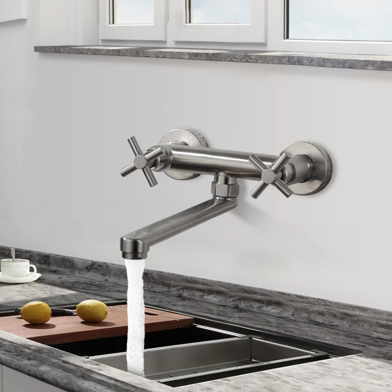 صنبور حوض المطبخ بفتحة مزدوجة مثبت على الحائط قابل للدوران 360 درجة °   صنبور حوض السفينة الحديث بمقبضين، صنابير خلاط باردة وساخنة مصقولة