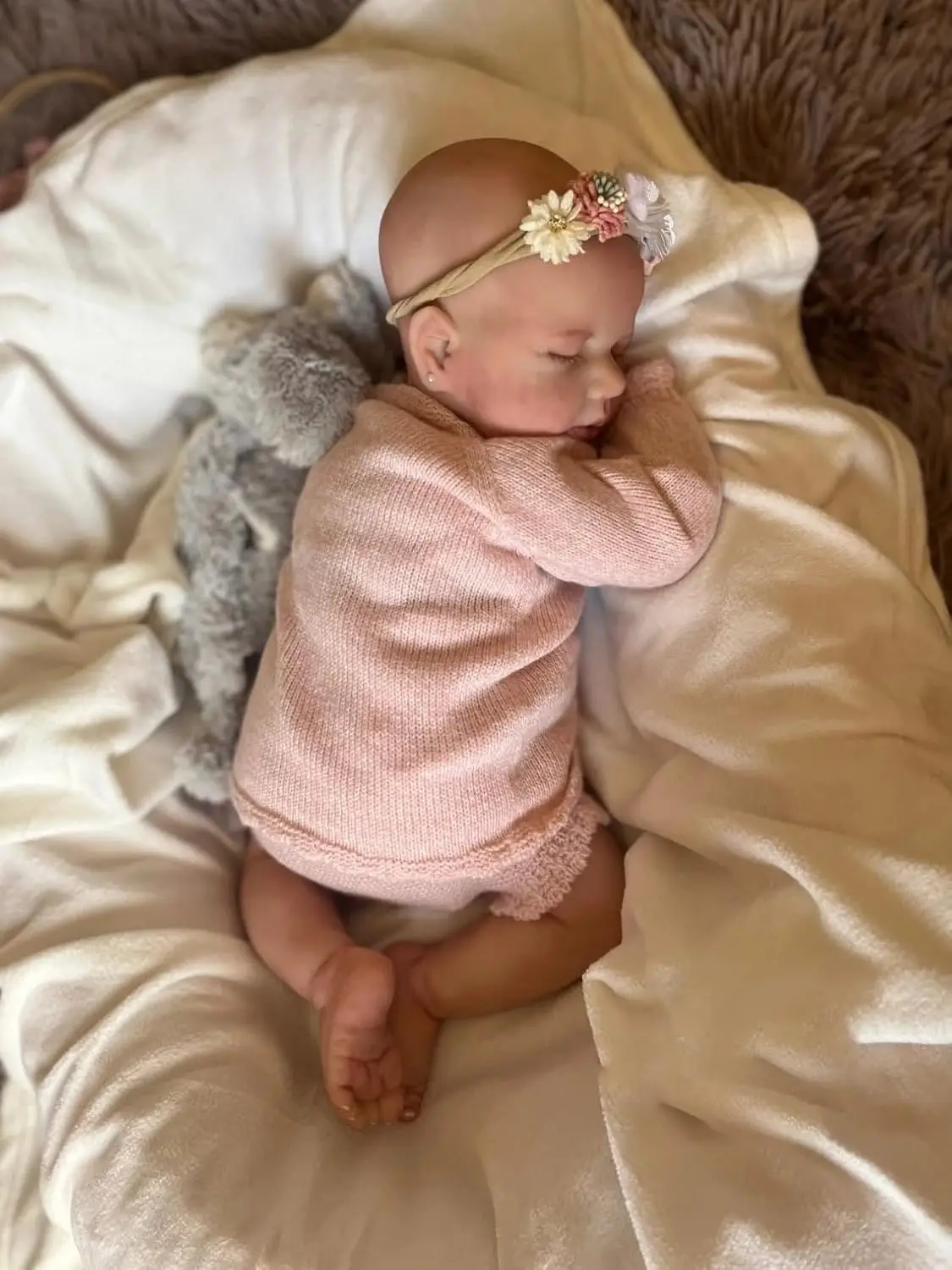 20Inch 50cm Sleeping Reborn Baby Girl Doll Bald Pink Knit Outfit Floral Headband Curl‑Up Pose Kids Toy