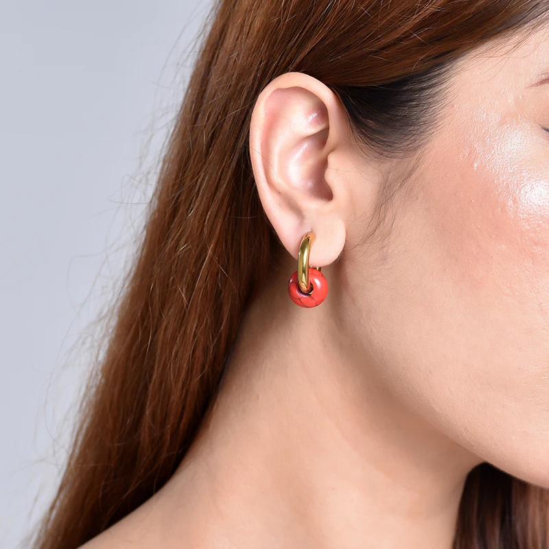 Klassische Mode Naturstein Runde Perle Creolen Frau Türkisen 3,0mm Dicke Edelstahl Ohr Schnalle Ohrringe Schmuck – Detail 11