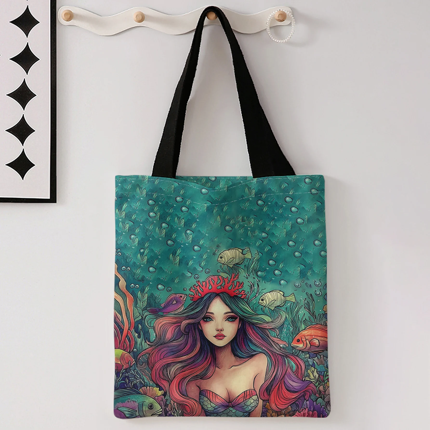 Mermaid Print Tote Bag With Black Handles Large Shoulder Handbag For Shopping Daily Use