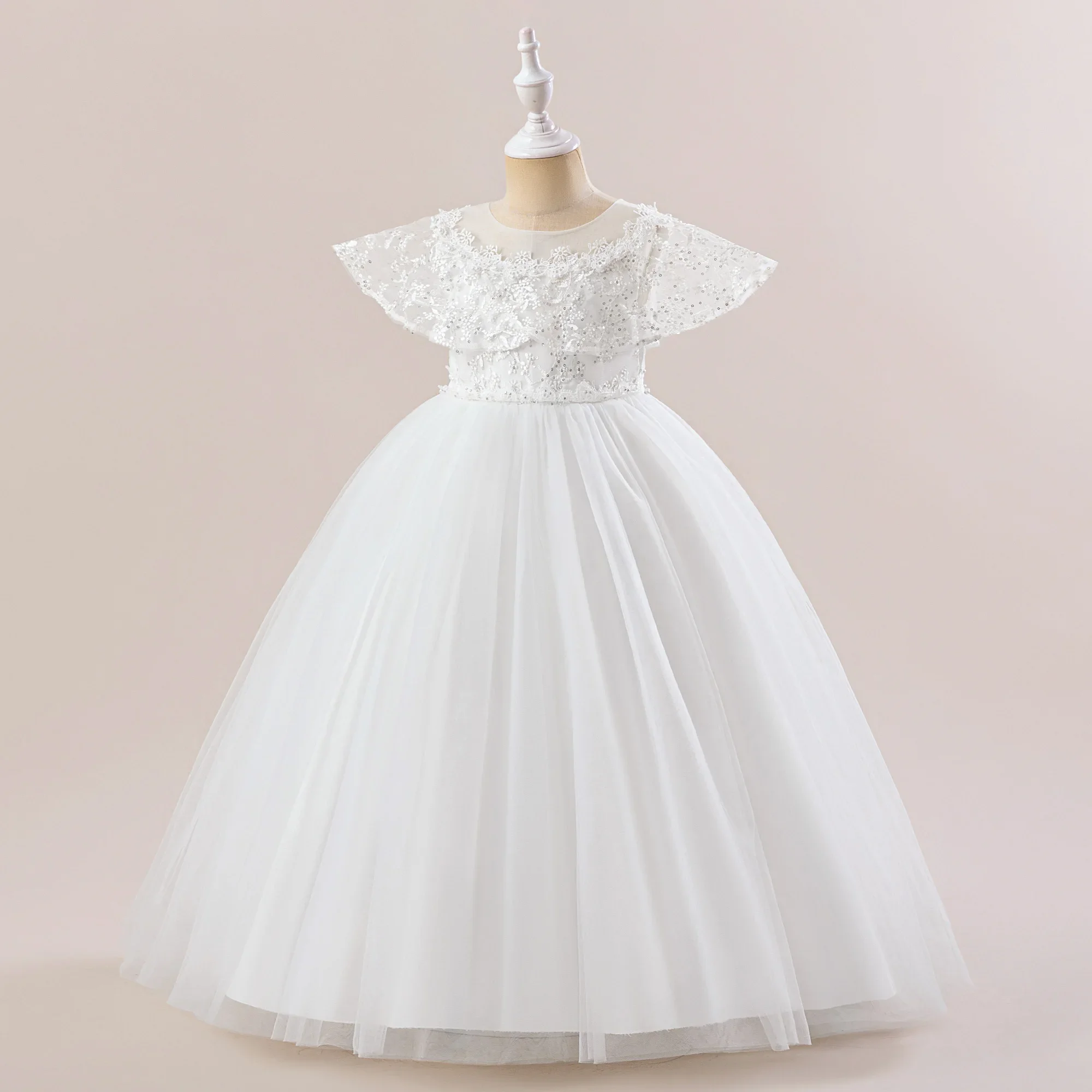 Eleganti abiti da ragazza di fiori bianchi Abito da principessa a trapezio alla caviglia per feste di matrimonio e serate di prima comunione Abbigliamento per bambini