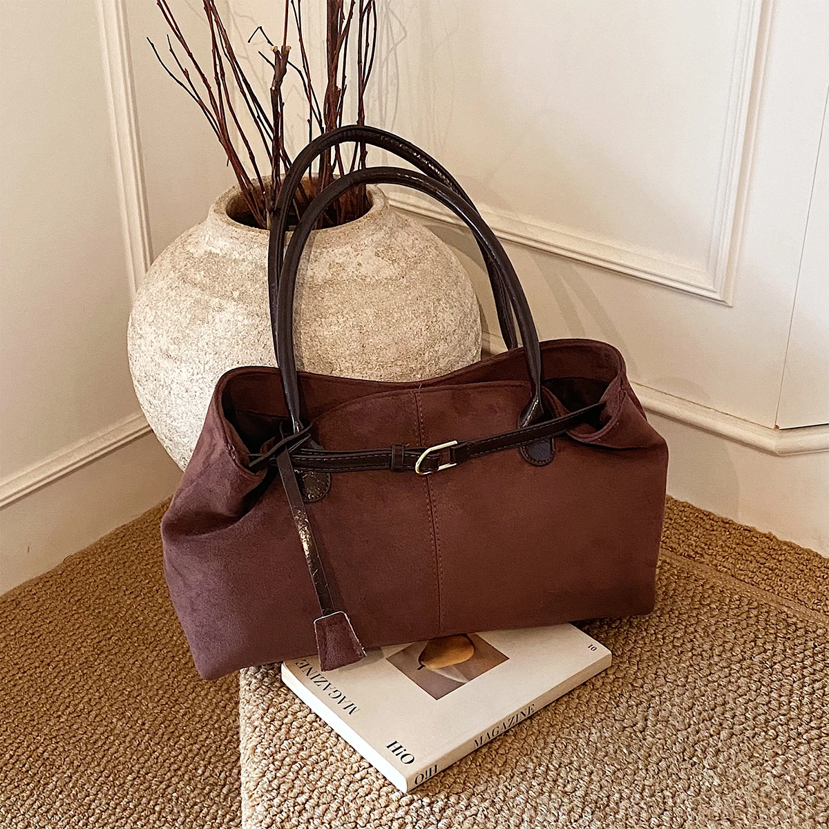 

Quilted Suede Classic Womens Tote Bag Lightweight Large Capacity Magnetic Dual Handles with Detachable Charm Travel Office