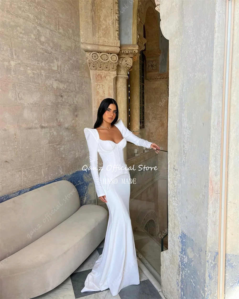 Qanz Sheath Mermaid Wedding Dress Women White Satin Long Sleeves Sweethert Robe De Mariage Femme Corset Bridal Gowns Customized image 5