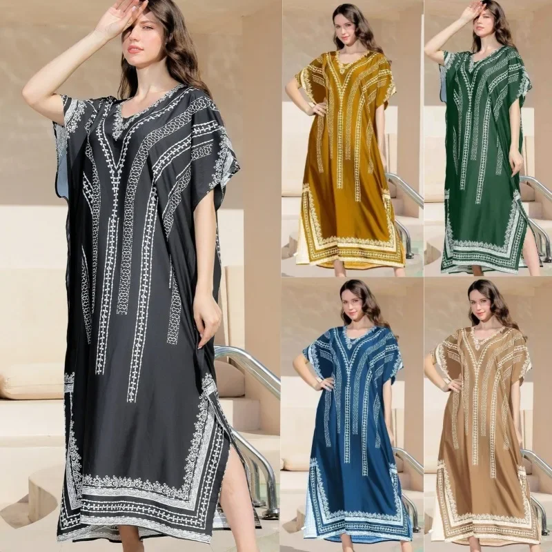 

Printed Beach Hoodie Four-sided Elastic Loose Beach Sun Protection Robe Swimsuit Cover