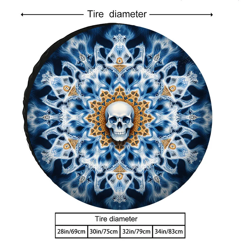 Polyester Fiber Skull Mandala Tire Cover With Golden Sun Pattern And Blue-White Flame Lace Design, Deep Blue Starry Background C