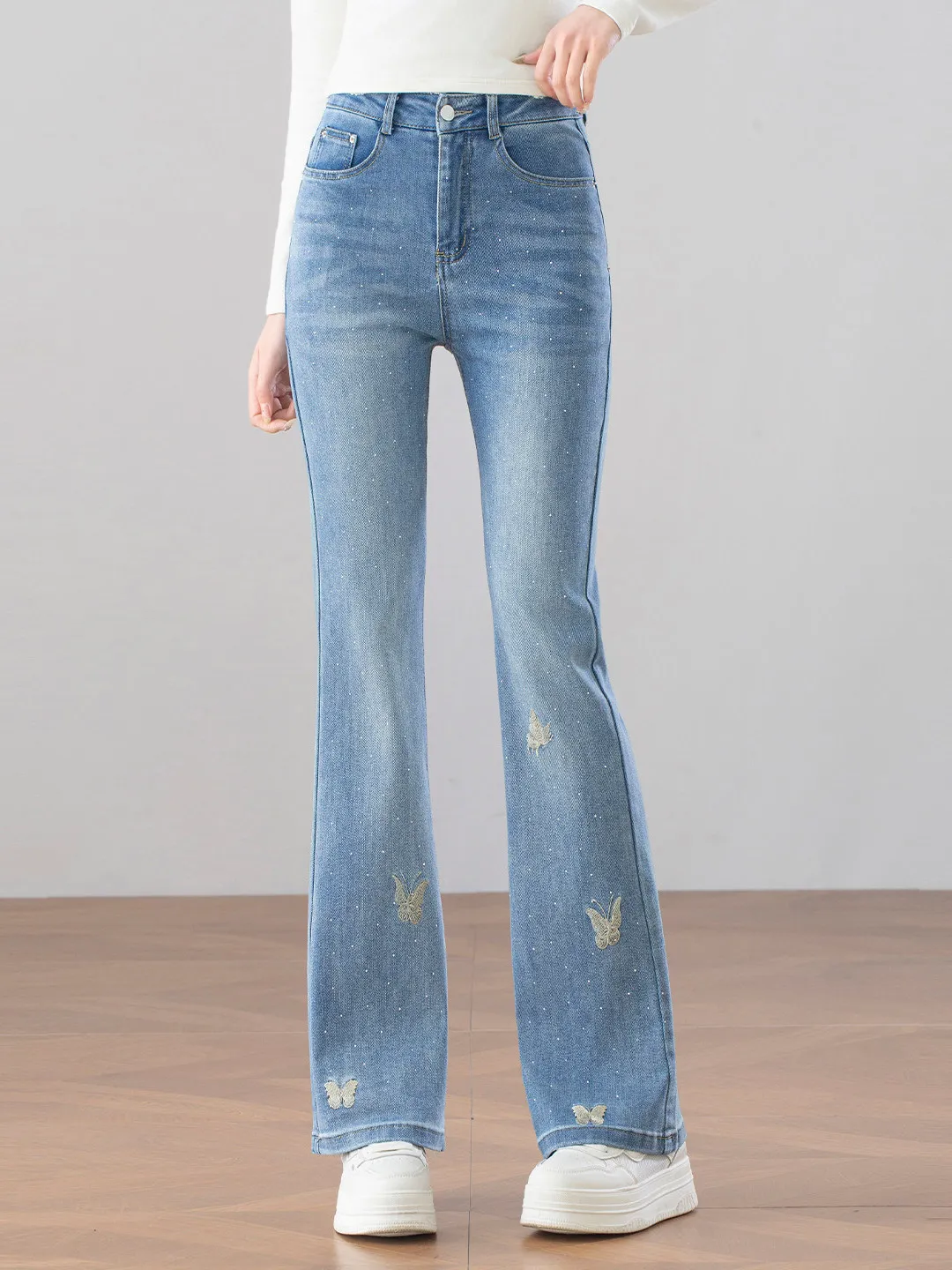 

Light Blue Vintage Embroidery Flared Jeans Women's High Waist Spring New Style Iron on Rhinestones Cotton Stretch D...