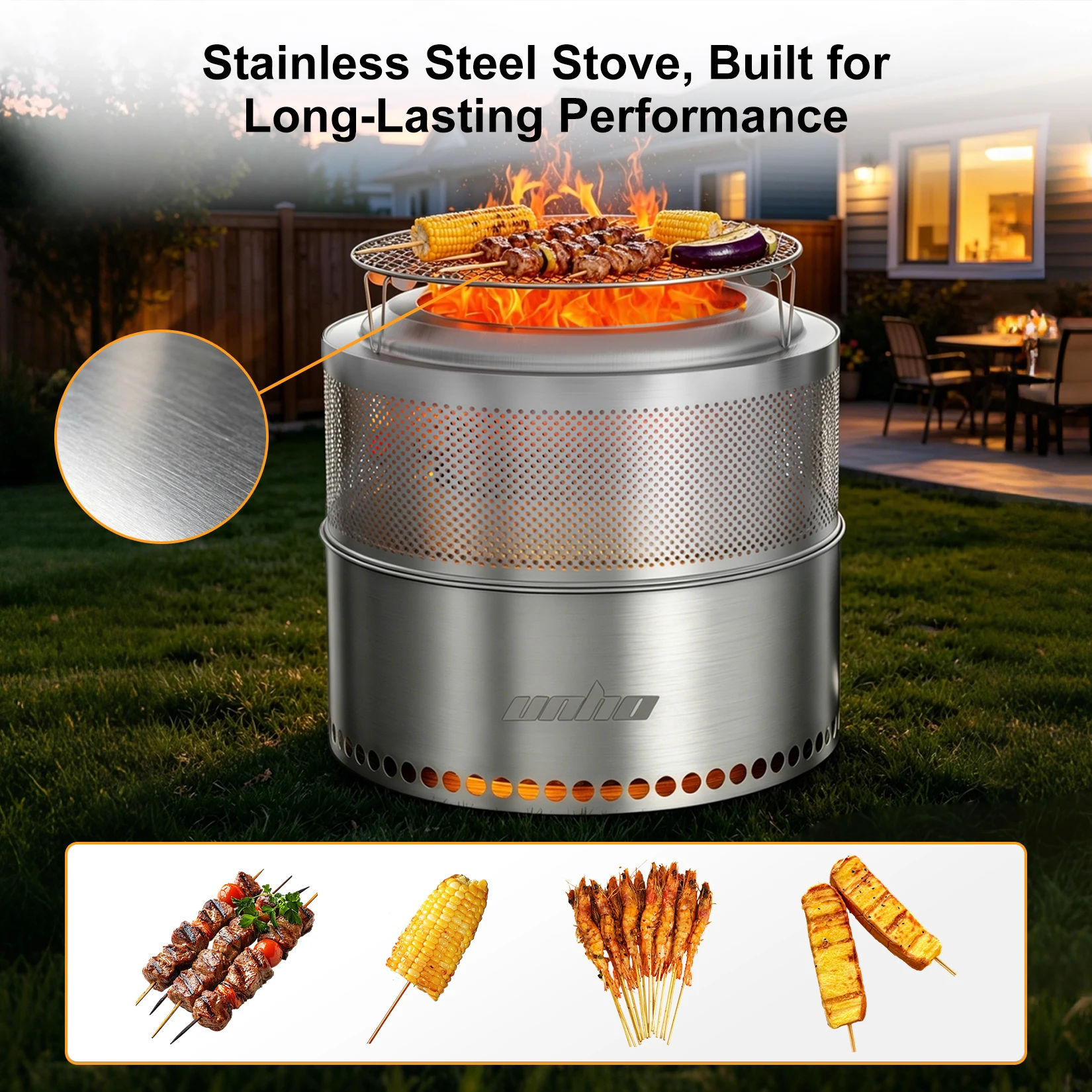 Unho Smokeless Fire Pit 50cm Portable 304 Stainless Steel Wood Burning with Grill Grate and Carry Bag for Backyard Patio Camping