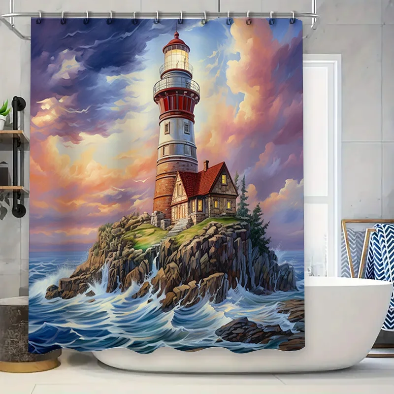Coastal Lighthouse Print Shower Curtain Waterproof Decorative Home Bathroom Wall Hanging Fabric Bath Tapes