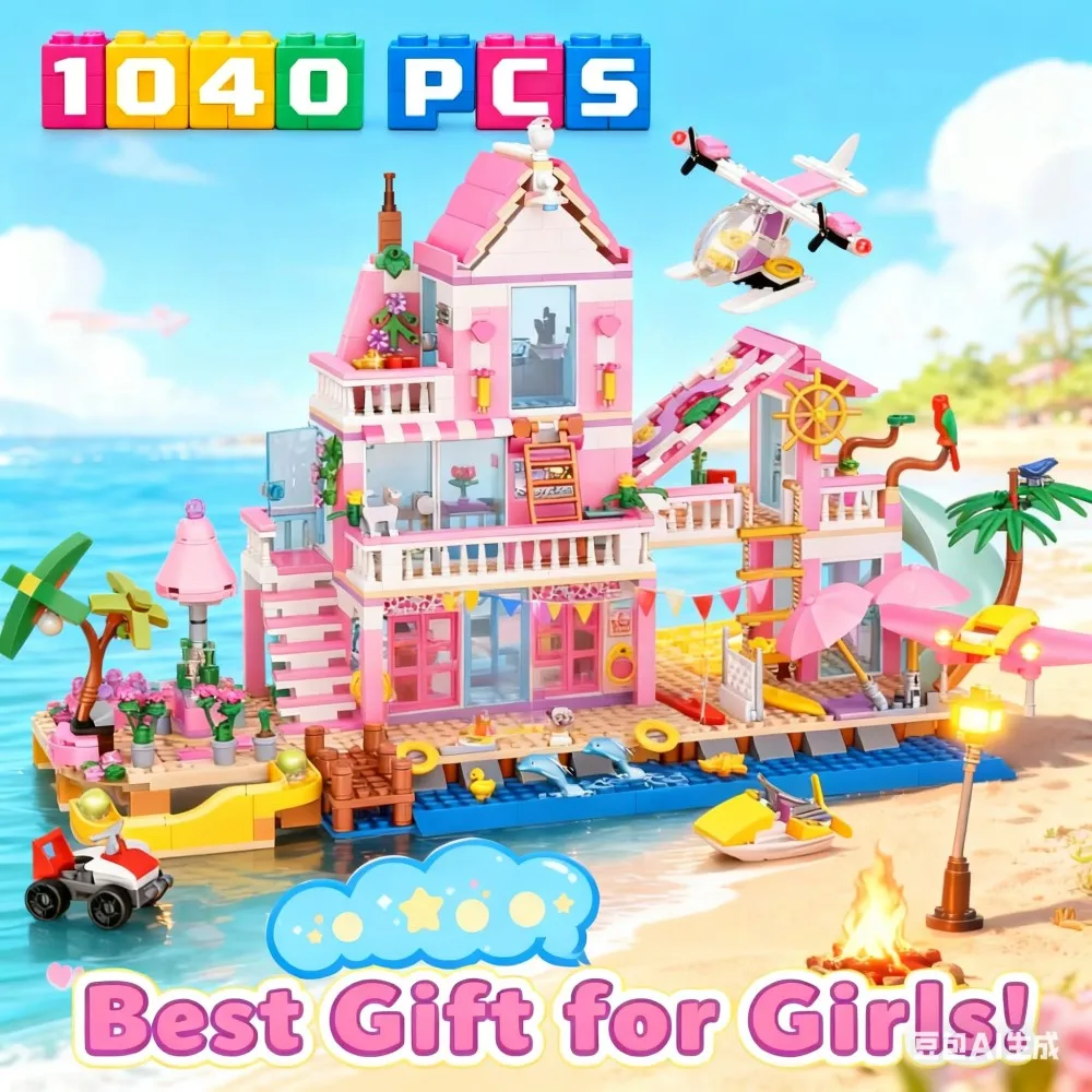 บล็อกตัวต่อบ้านพักตากอากาศริมชายหาดพร้อมสไลเดอร์น้ำ - บ้านในฝันแบบแปลงสภาพได้ ของเล่น DIY สำหรับเด็กผู้หญิง ของขวัญวันเกิดสุดสร้างสรรค์