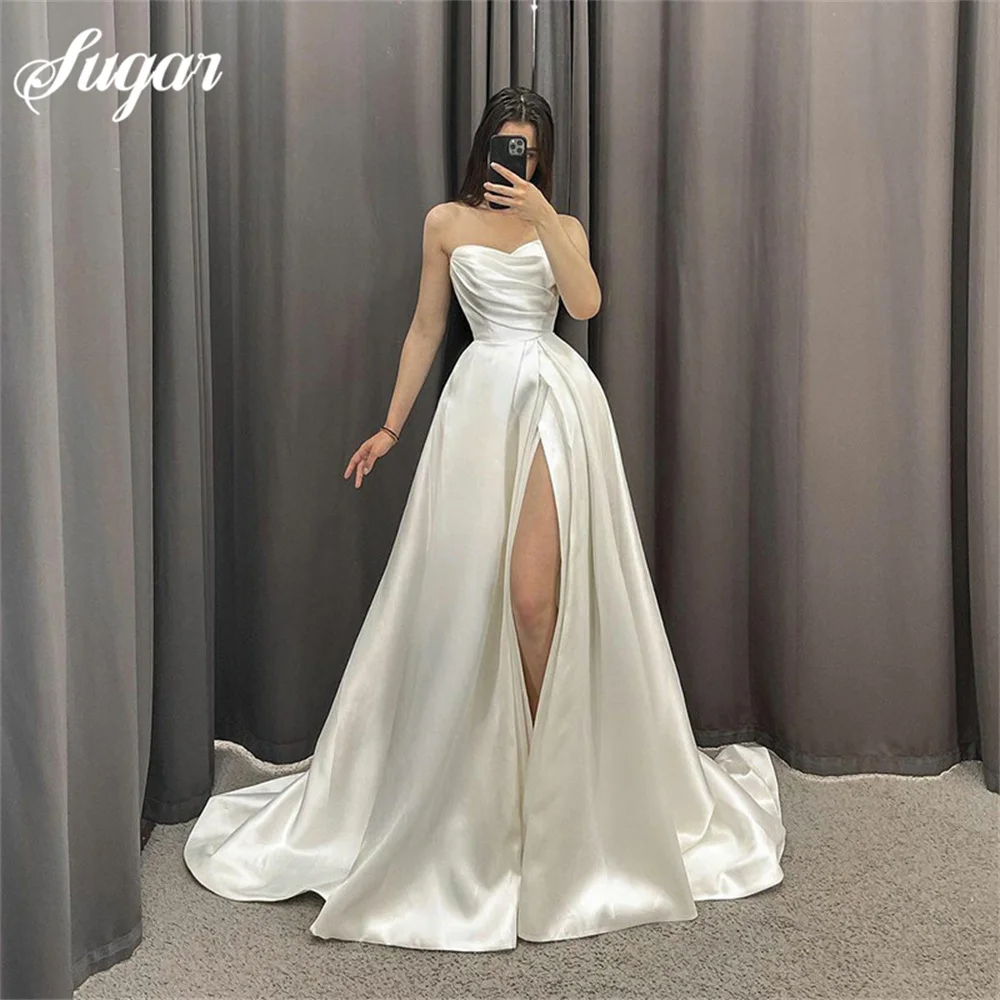 A Lijn Trouwjurken Strapless Side Split Bruidsjurken Elegante Plooien Lieverd Bruidsfeestjurken 2023 Robe De Mariée