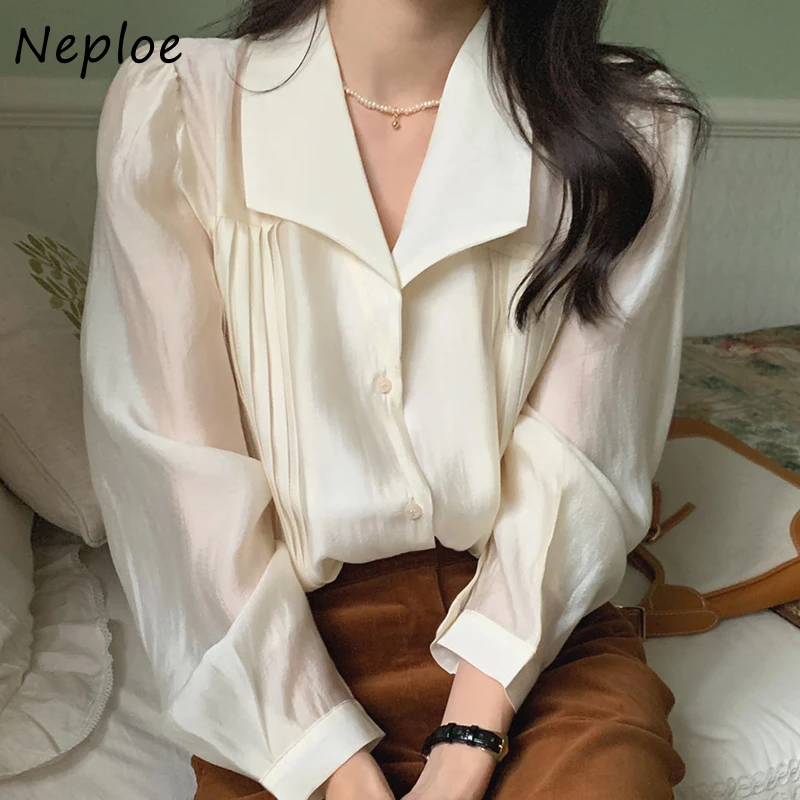 Neploe Thanh Lịch Tính Khí Cổ Bẻ Nữ Áo Sơ Mi Nữ Tay Dài Xếp Ly Thiết Kế Theo Nghĩa Áo Kiểu Nữ Điện Đơn Blusas