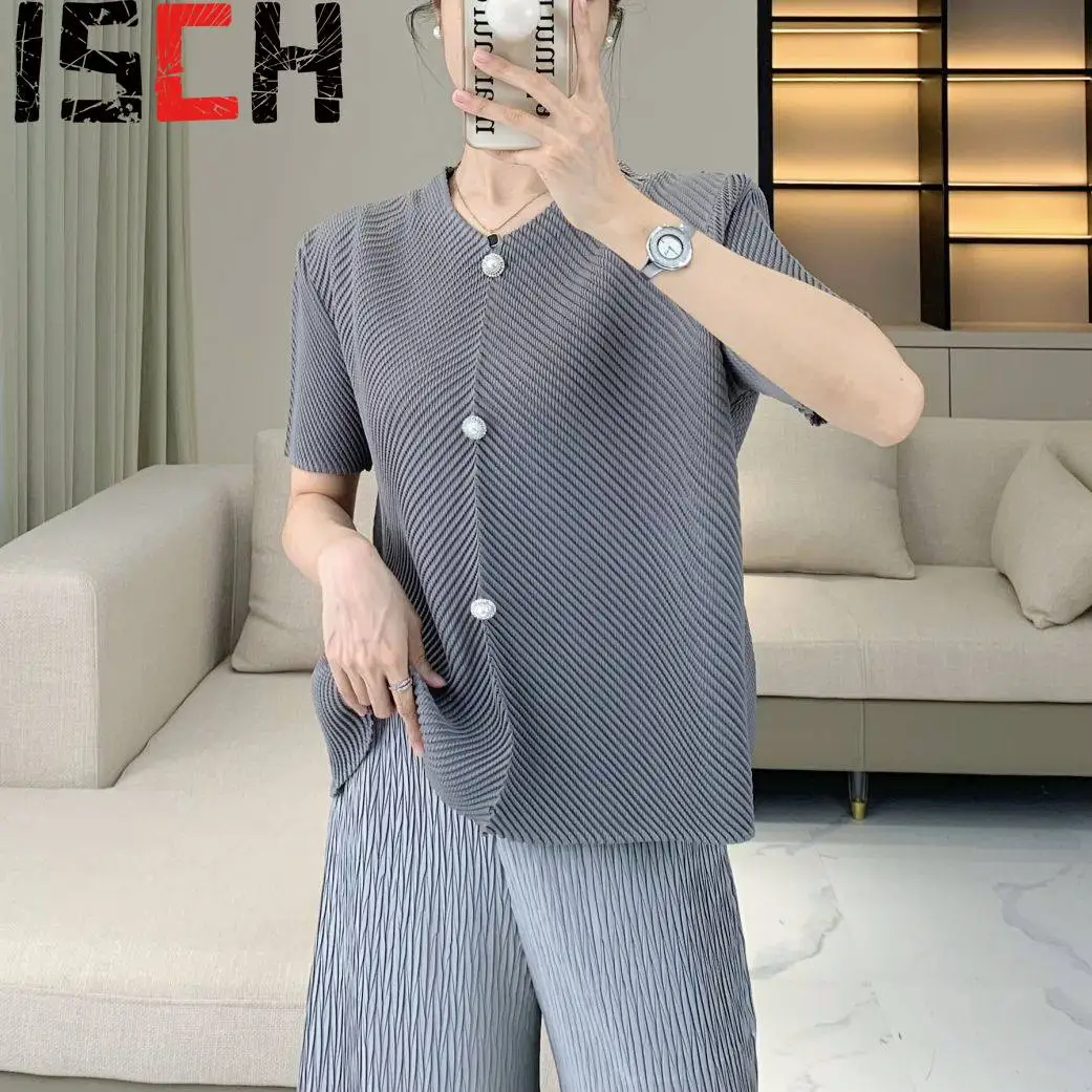 

Pleats Pleated T-shirt Senior Sense Buttons Pleated Top Versatile Loose Thin Short-sleeved T-shirt Female Summer New Clothing