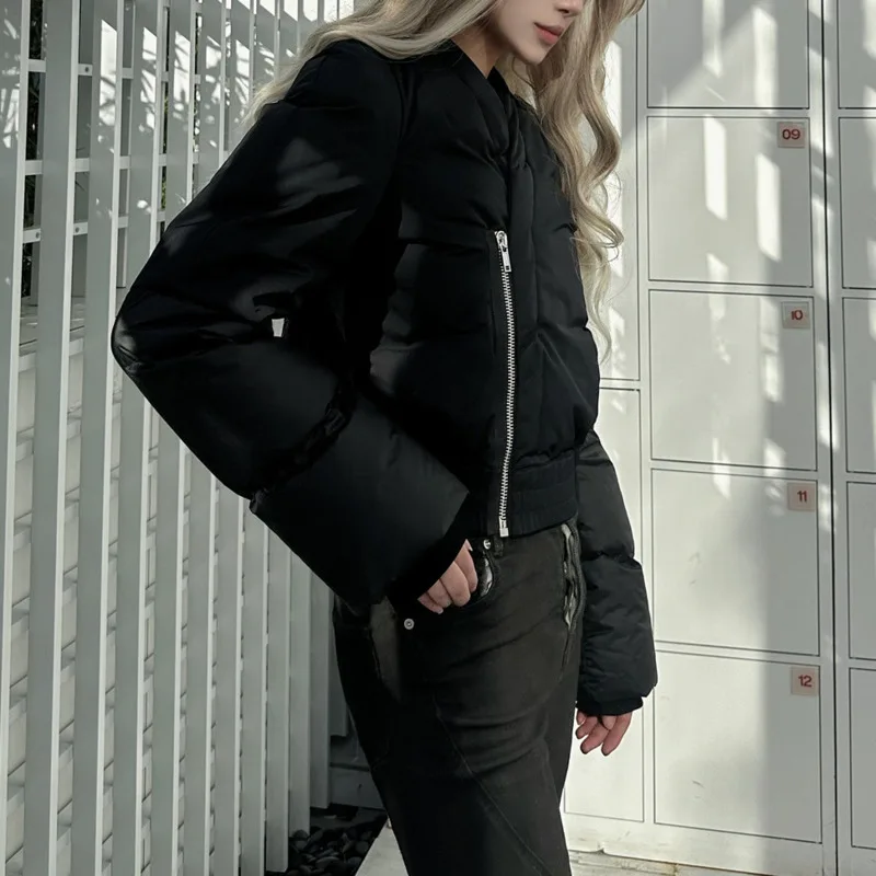 HKSH شتاء جديد إمرأة قصير أسفل معطف غير المتماثلة المرقعة كم طويل الخامس الرقبة سستة أنيقة الراقية الدافئة سترة منفوخة HK16362