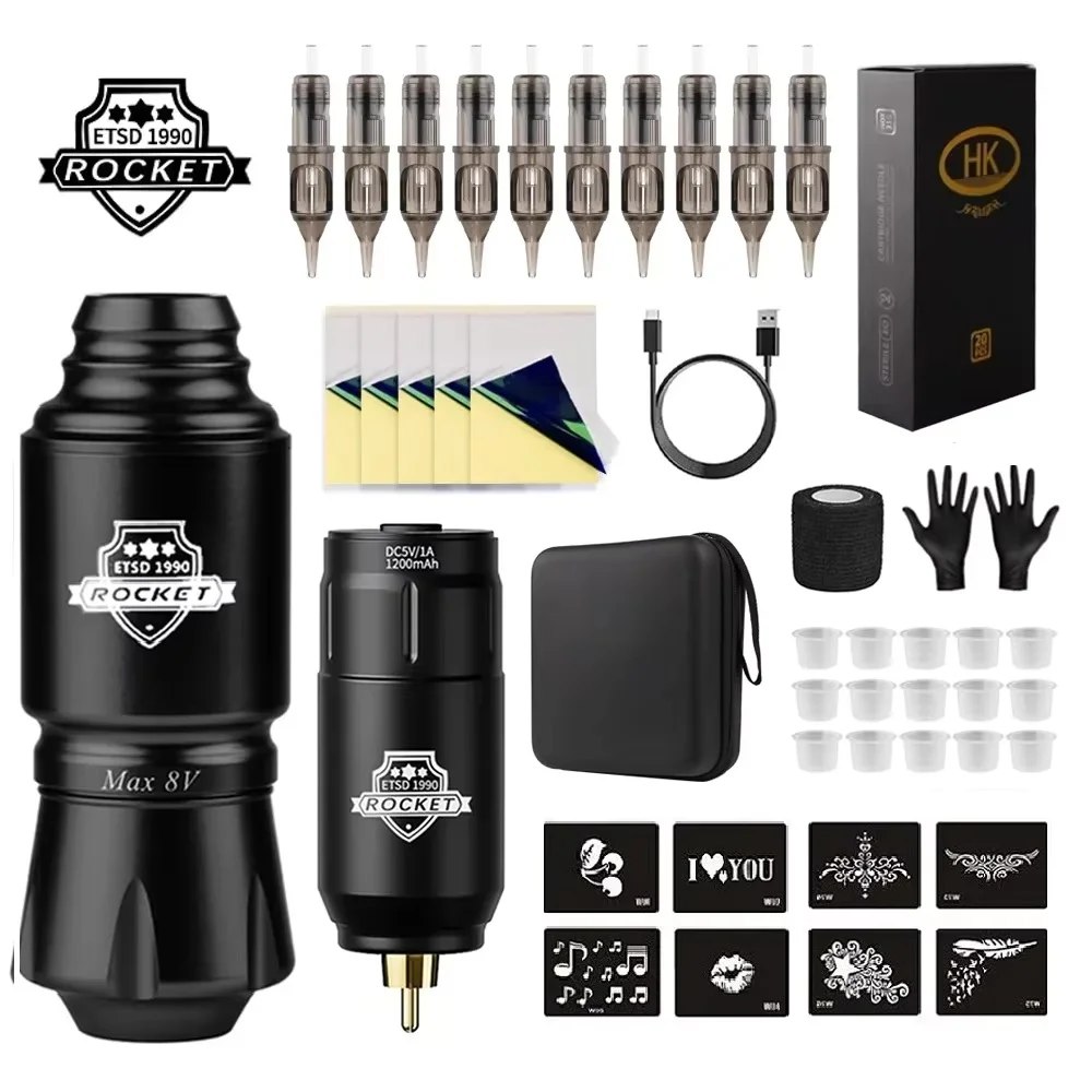 

Wireless Tattoo Machine Kit Rocket Rotary Tattoo Pen with Tattoo Battery RCA Jack Case Needles Stencils Permanent Makeup Tattoo