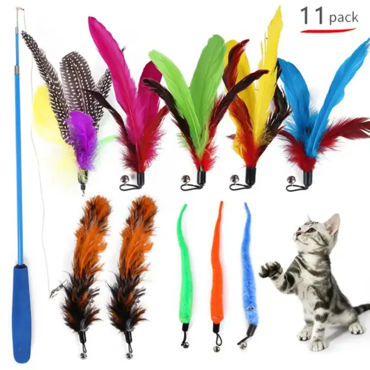 11pcs Replacement Cat Feather Toy Set Feather Replacement  Retractable Cat Stick Cat Products For cats Turbo tails toy for cat