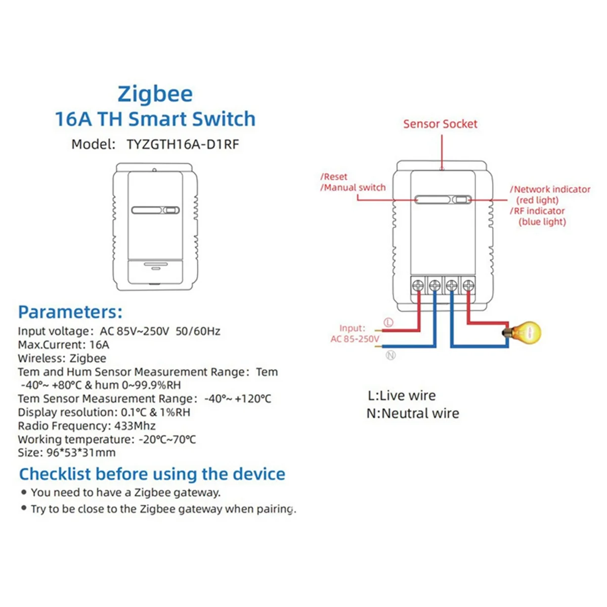 For Tuya Zigbee Smart Switch with Temperature Humidity Sensor 16A 3000W Thermostat for Alexa Google Home Yandex Alice