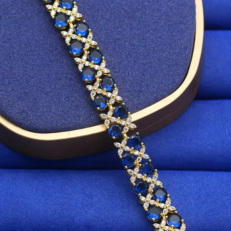 Luxuriöses Vintage-Armband mit blauem Zirkonia, 18 Karat vergoldet, Schmuck für Frauen, perfekt für Hochzeiten, Partys, Valentinstagsgeschenk – Detail 3