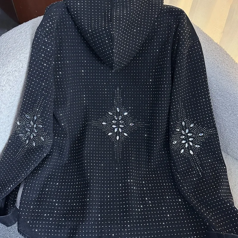 重工業風ラインストーン付きフード付き長袖デニムブラウスジャケットルーズファッション トップス 2025年秋新作ハイエンドシャツ