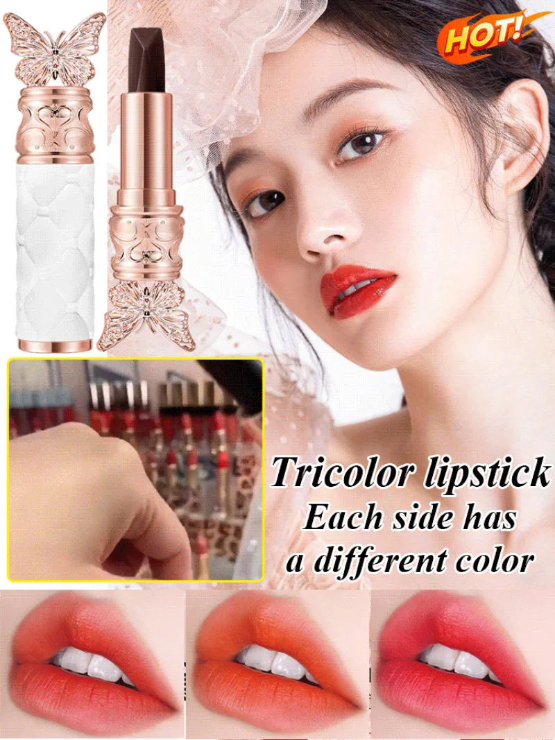 A three-color lipstick matte velvet matte moisturizing moisturizing not easy to take off makeup non-stick cup lipstick