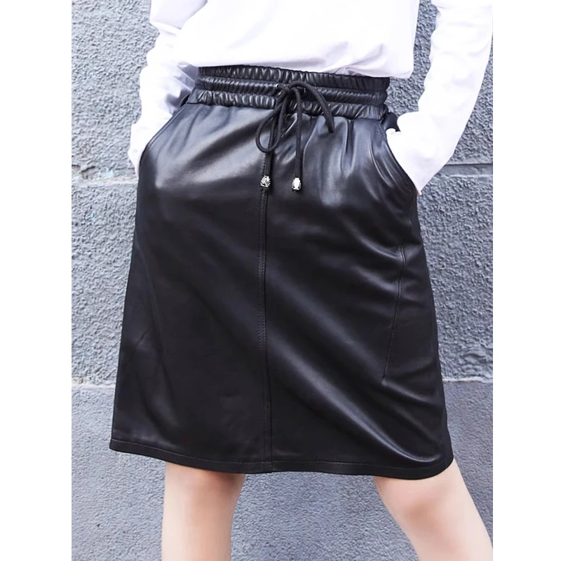 M-3XL 2024 New Sheepskin Skirts for Women Black Elastic High Waist Lace-up Femael Back Split Real Leather Knee-Length Skirts