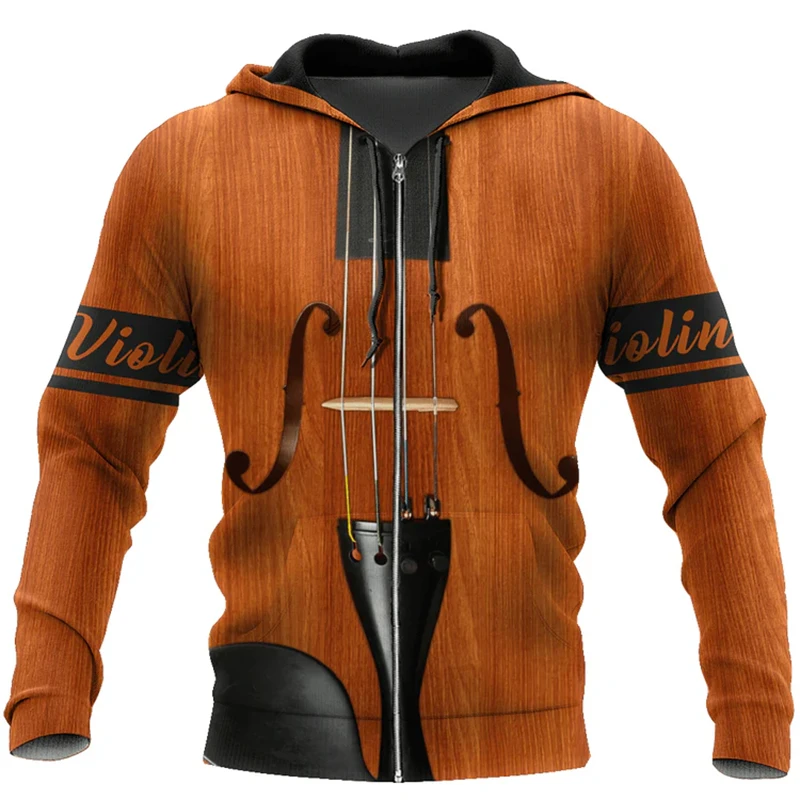 Vintage Hoodies For Men Violin Musical Instrument Pattern 3d Print Tops Autumn Spring Casual Long Sleeve Oversized Zipper Hoodie