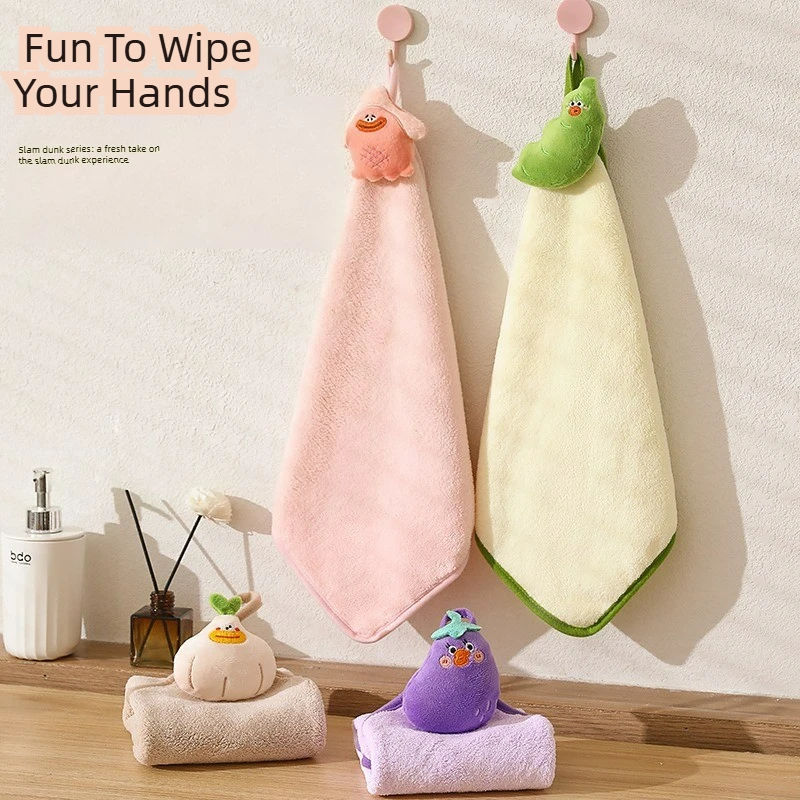 Cute Vegetable Hanging Hand Towel Soft Coral Fleece Absorbent Hand Wipe Towel Eggplant Pea Radish for Kitchen Bathroom Home Deco