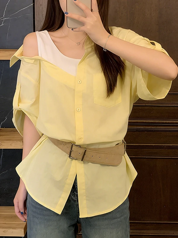 

plus Size Summer Shirt Women's Design Sensation Fake Two-Piece Shoulder Bared Waist-Cinched Slimming Short Sleeve Blouse
