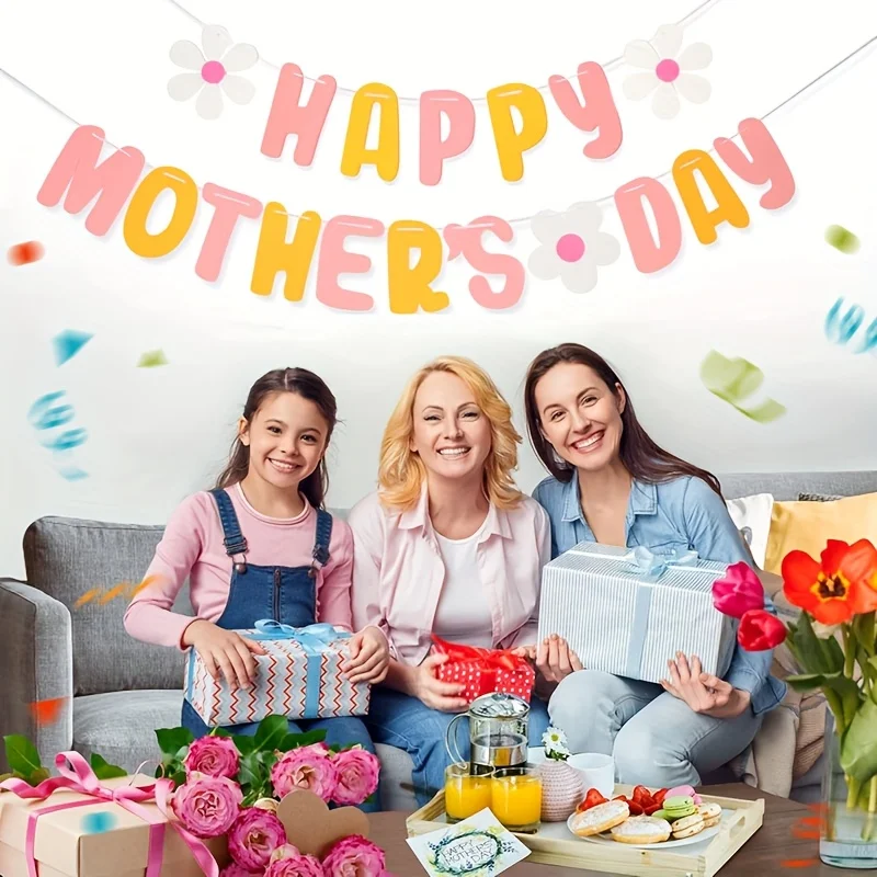 1Set Happy Mother's Day Decorative Banners & Pull Flowers, Wall Hanging Decor for Shop & Room, Photo Booth Props