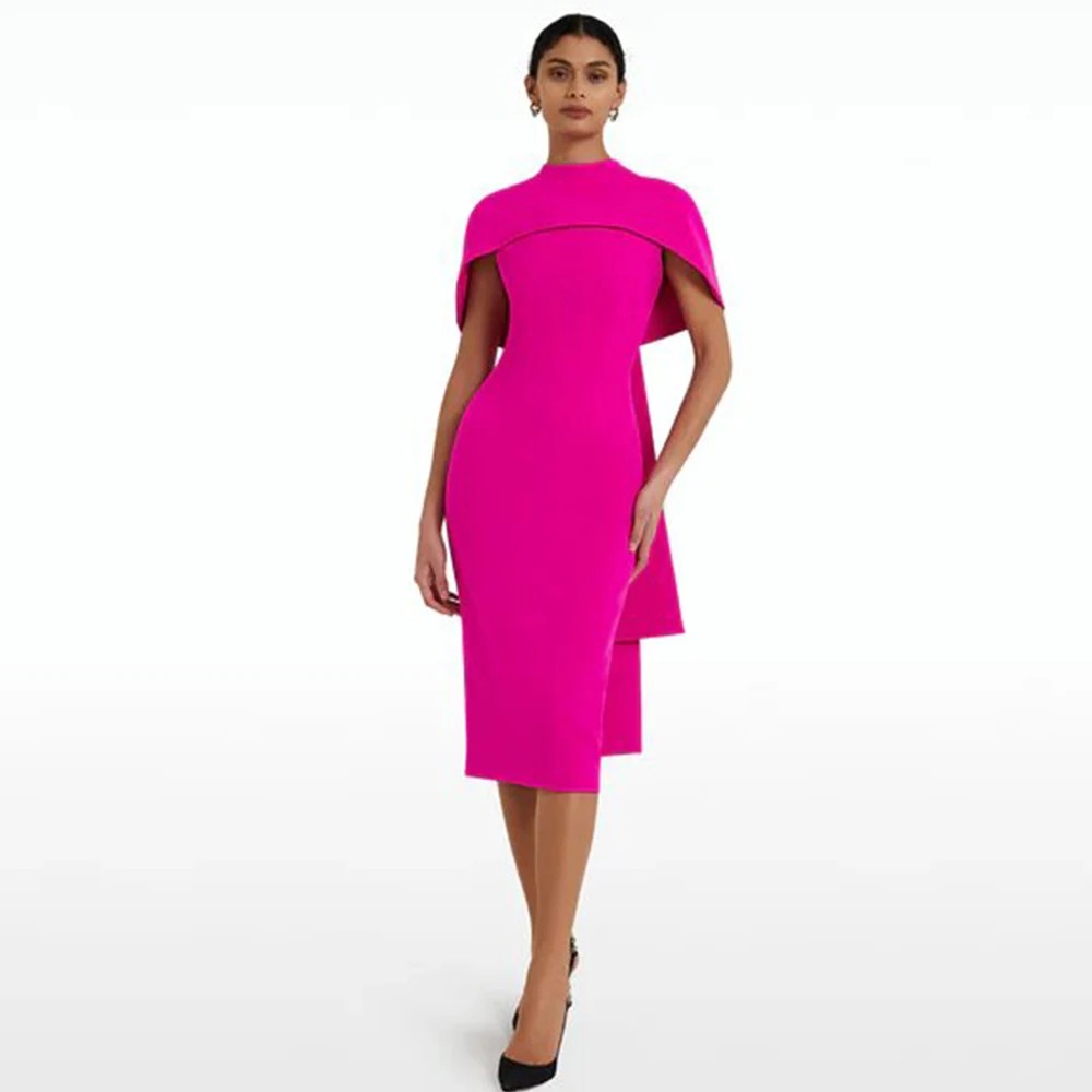 

Retro Women's Cocktail Party Gowns Sheath/Column Jersey Gala Dress Fuchsia O-Neck Cape 2024 Elegant Valentine's Day Gown Midi