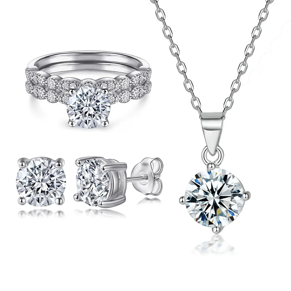 

18-каратное золото PT950, платина, серебро S925, 7-слойное гальваническое золотое кольцо, модные серьги, комплект ожерелья с драгоценными камнями с четырьмя когтями