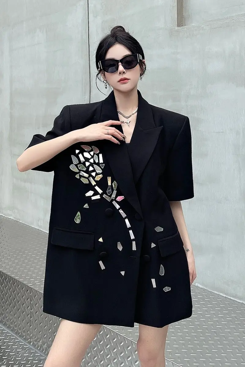 

Insozkdg Black Jacket Women Clothing Summer High end Oversized Suit Short Sleeved Liquid Metal Loose Casual Blazers Women Tops
