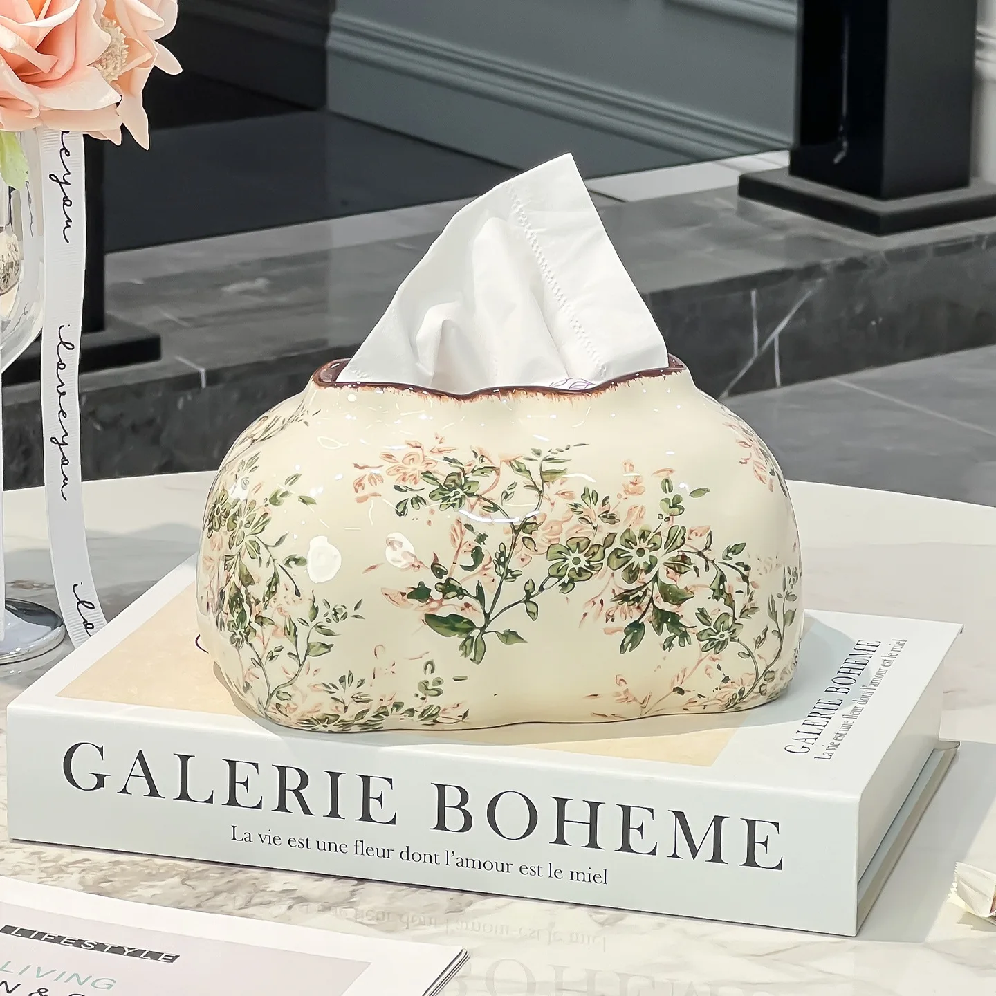 Ceramic Tissue Box Cover Floral Tissue Holder Decorative Napkin Dispenser Cottagecore Farmhouse Decor for Living Room Bedroom