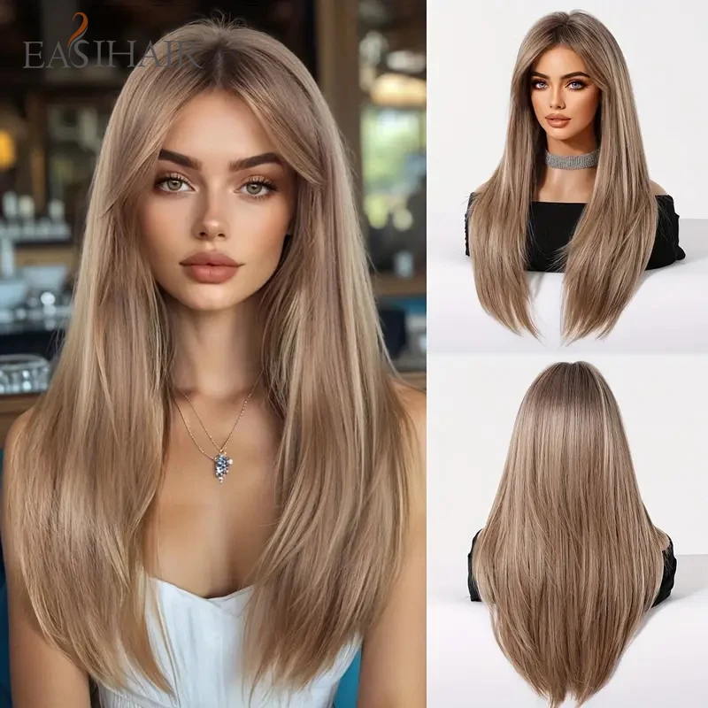 

EASIHAIR Длинные прямые многослойные синтетические парики для женщин Коричневые многослойные натуральные волосы с боковой челкой Парики с темными корнями на каждый день
