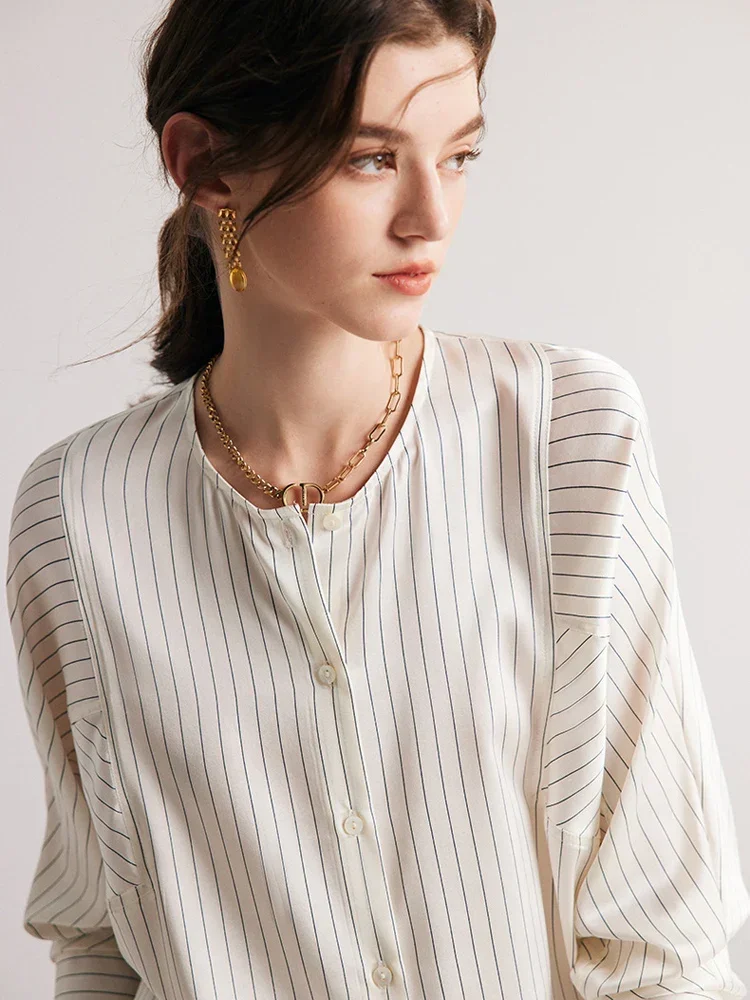 Women Stripes Shirts 100%Real Silk Round Collar Single Breasted Chic Blouses 2023 Spring Summer Loose White Top