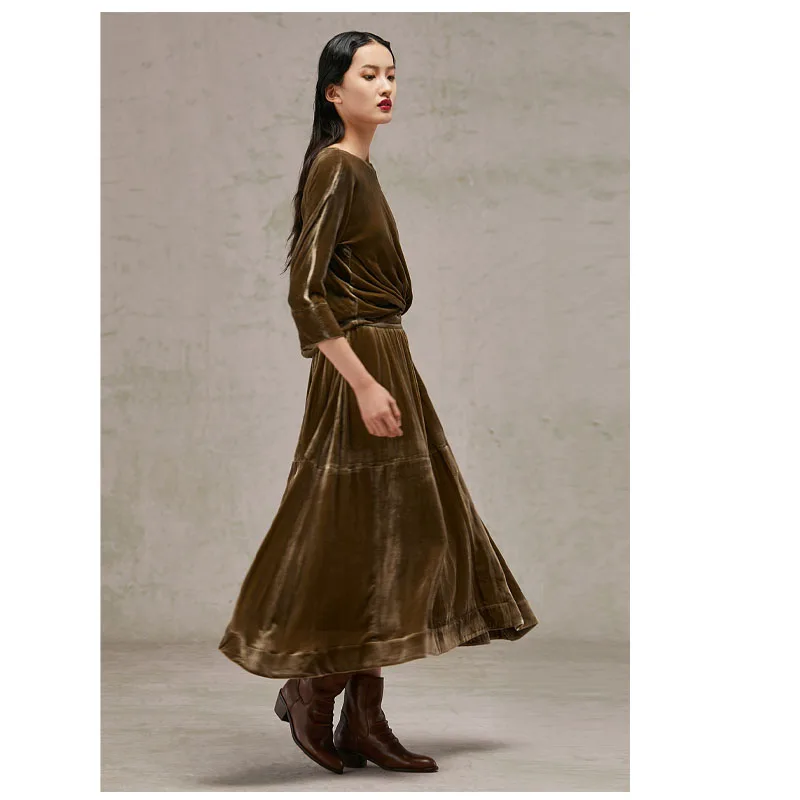 

Silk Velvet Seven-quarter Sleeve Dress Spring Autumn Ladies Soft Luster Hanging Large Swing Skirt Temperament Elegant Clothing