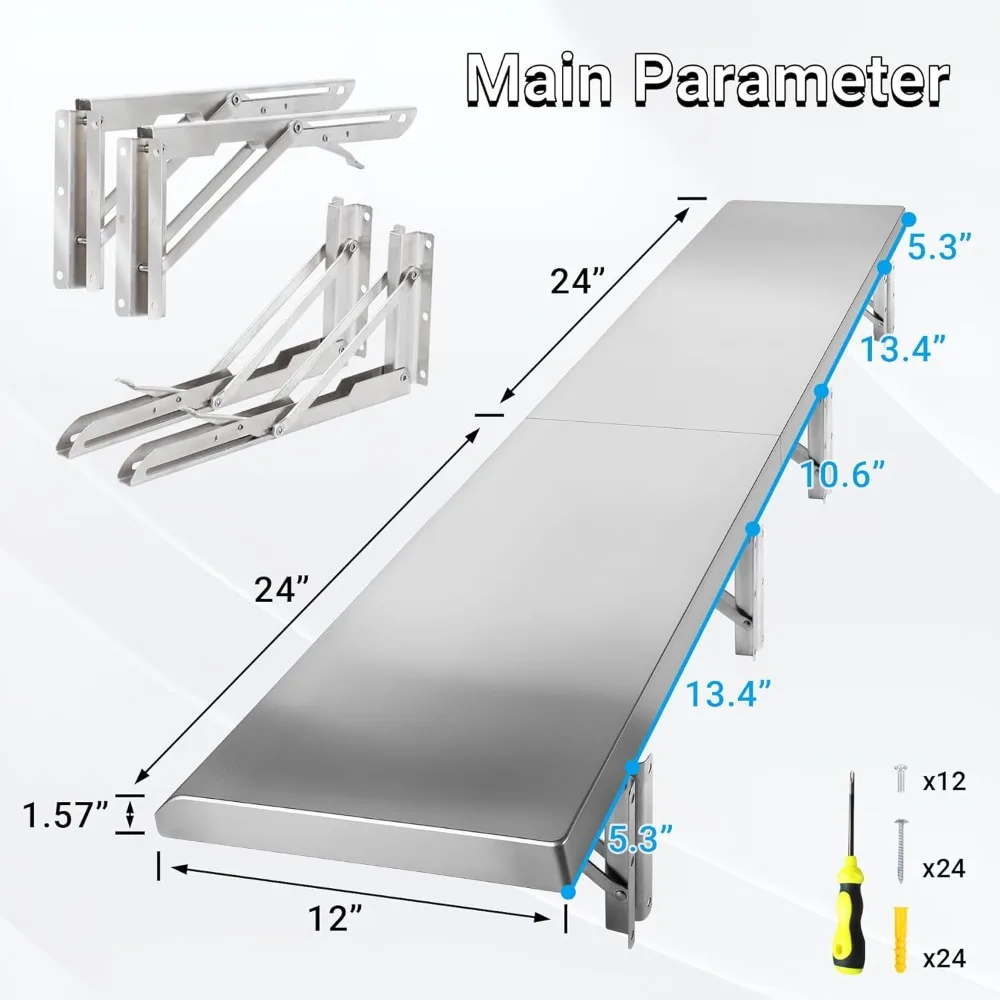 48 Inch by 12 Inch Stainless Steel Folding Concession Shelf for Food Serving at Drop Down Windows