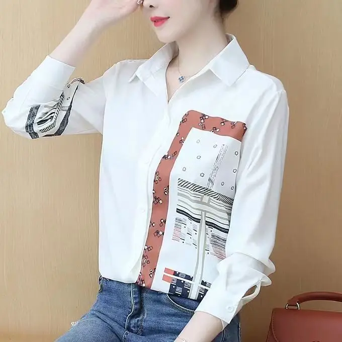 Primavera 2023 coreano Sle suelto impreso largo Sve mujer irt versátil adelgazante blanco Casual cuello de viaje abotonada