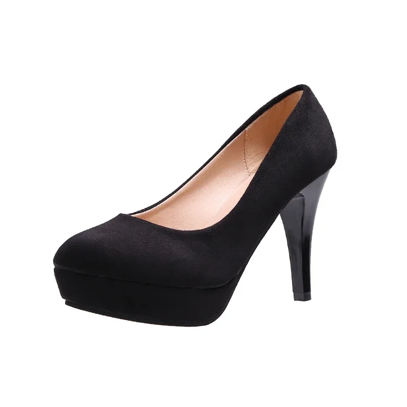 High heels for women, slim heels for versatile girls, round toe waterproof platform, etiquette black formal professional shoes