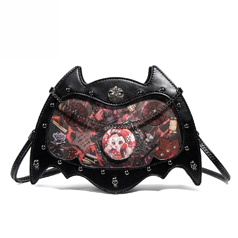 

Готическая сумка-ита в форме летучей мыши с прозрачным окном для значков, сумка через плечо в стиле дарк-панк для женщин, винтажная сумка на плечо с заклепками в виде черепов