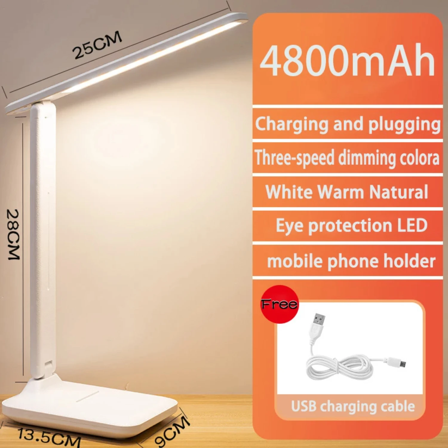 4800mAh Chargeable LED Table lamp 3 Color Touch Dimmable Eye Protection USB Rechargeable Light Bedroom Reading Night Light