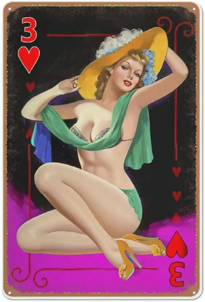 1950s Pinup Girl Styled 3 of Hearts Playing Card Metal Sign,Sexy Wall Art,Vintage Garage Sign for Man Cave Bar