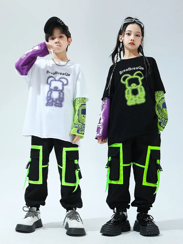 

Kids Kpop Hip Hop Clothing Fake 2-piece Tops Streetwear Cargo Jogger Green Pants for Girls Boys Jazz Dance Costume Clothes