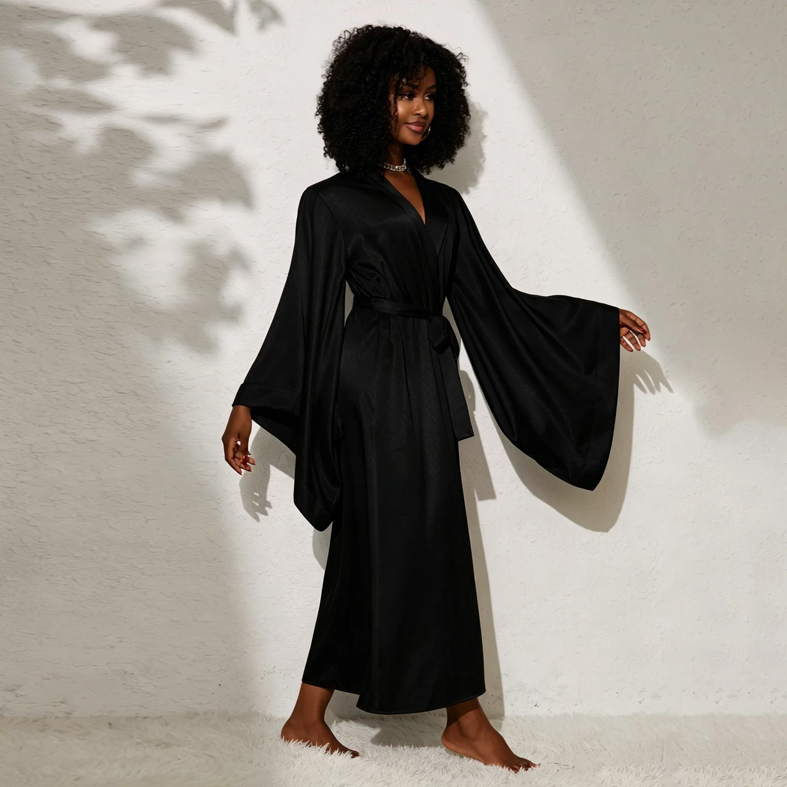 Sexy Style Solid Color Satin Robe Long Sleeves High Waisted Belted Robe Split Design Soft Home Wear for Women