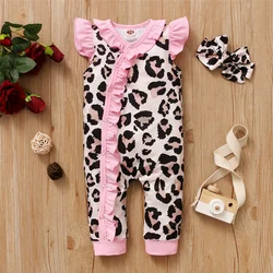 0-12 Months Newborn Baby Girl Bodysuit Fly Sleeves Romper + Headband Toddler Girl Summer Fashion Leopard Pattern Jumpsuit